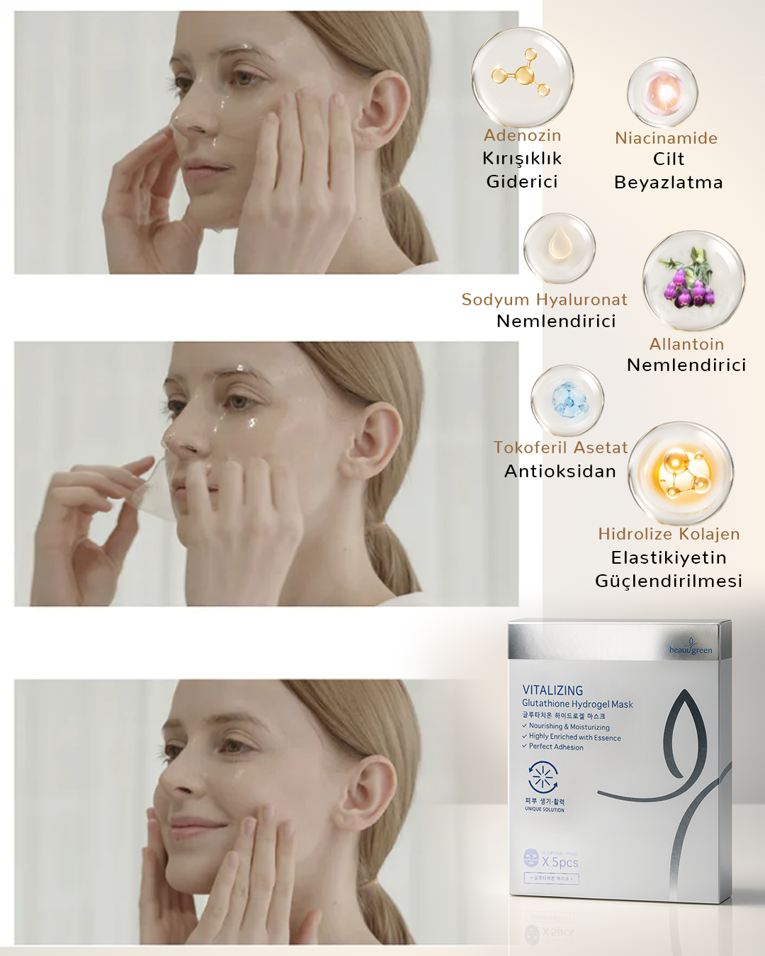 Beauugreen Antioksidan Glutatyon Hidrojel Maske | 5 adet | Korean Cosmetics - Glutathione Hydrogel Mask